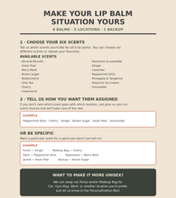 A digital informational graphic for a lip balm customization service, titled 'MAKE YOUR LIP BALM SITUATION YOURS'. The graphic outlines the order process with six available scents, two assignment options, two example boxes for scent selection, and a final section offering to swap out unsatisfactory scents for specific locations like car or gym bags.